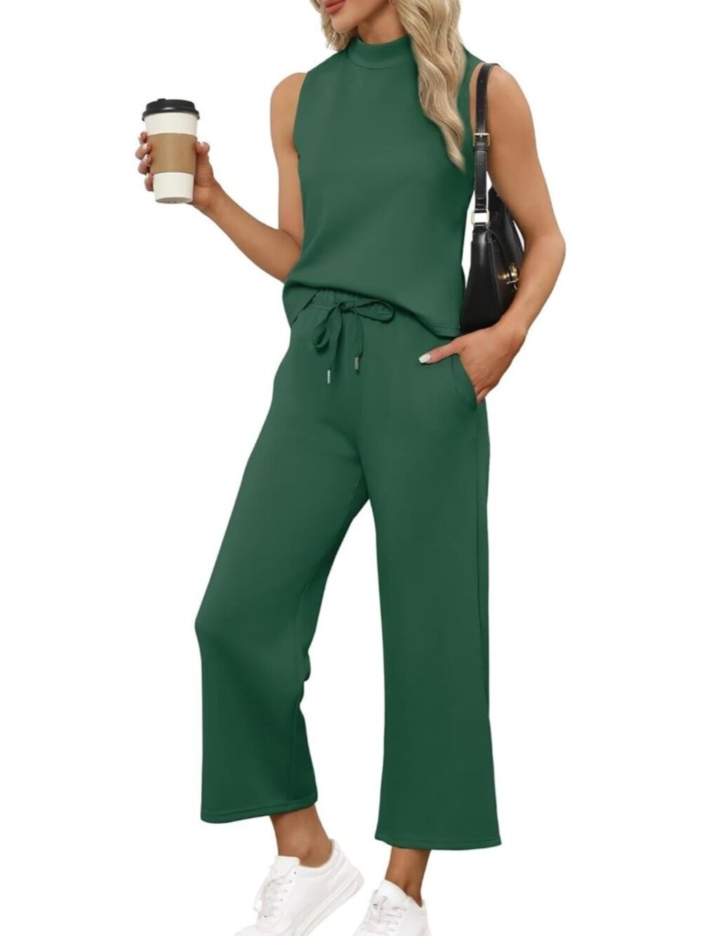 Women's Dark Green Two Piece Summer Outfits Lounge Sets Mock Neck Tops Wide Leg